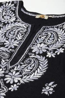 Hand Embroidered Black Cotton Lucknow Chikankari Women Kurta 5