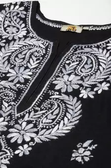 Hand Embroidered Black Cotton Lucknow Chikankari Women Kurta