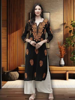 Hand Embroidered Black Cotton Lucknow Chikankari Women Trending Kurta 1