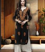 Hand Embroidered Black Cotton Lucknow Chikankari Women Trending Kurta