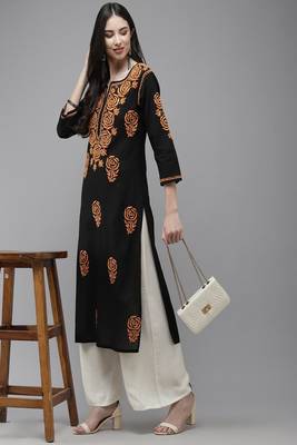 Hand Embroidered Black Cotton Lucknow Chikankari Women Trending Kurta 3