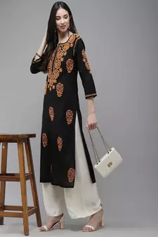 Hand Embroidered Black Cotton Lucknow Chikankari Women Trending Kurta