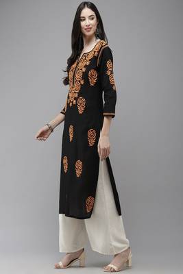 Hand Embroidered Black Cotton Lucknow Chikankari Women Trending Kurta 4