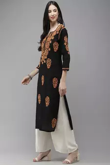 Hand Embroidered Black Cotton Lucknow Chikankari Women Trending Kurta