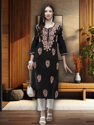 Hand Embroidered Black Cotton Lucknow Chikankari Women Kurta 1