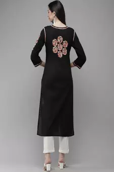 Hand Embroidered Black Cotton Lucknow Chikankari Women Kurta