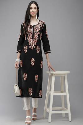 Hand Embroidered Black Cotton Lucknow Chikankari Women Kurta 3