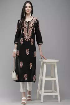 Hand Embroidered Black Cotton Lucknow Chikankari Women Kurta