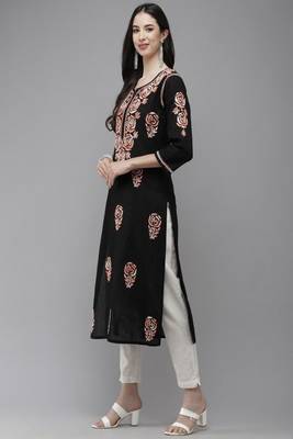 Hand Embroidered Black Cotton Lucknow Chikankari Women Kurta 4