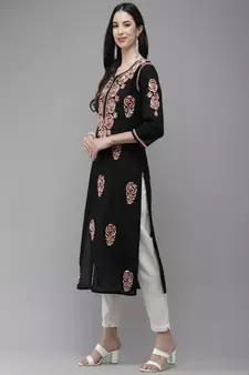Hand Embroidered Black Cotton Lucknow Chikankari Women Kurta