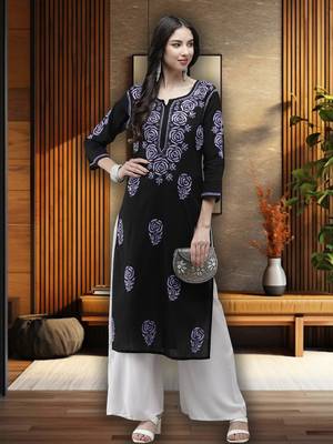 Hand Embroidered Black Cotton Lucknow Chikankari Women Kurta 1