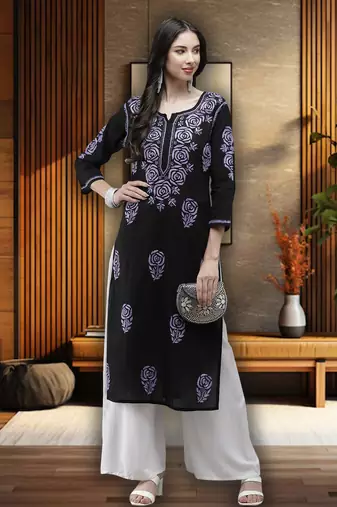 Hand Embroidered Black Cotton Lucknow Chikankari Women Kurta