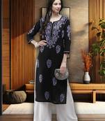 Hand Embroidered Black Cotton Lucknow Chikankari Women Kurta
