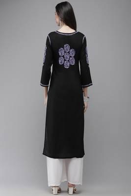Hand Embroidered Black Cotton Lucknow Chikankari Women Kurta 2