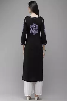 Hand Embroidered Black Cotton Lucknow Chikankari Women Kurta