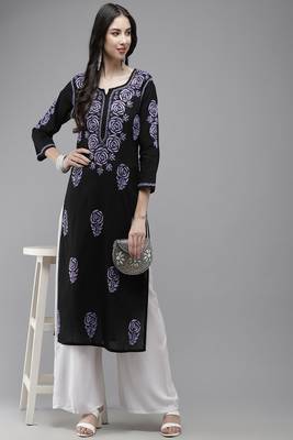 Hand Embroidered Black Cotton Lucknow Chikankari Women Kurta 3