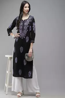 Hand Embroidered Black Cotton Lucknow Chikankari Women Kurta