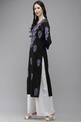 Hand Embroidered Black Cotton Lucknow Chikankari Women Kurta 4
