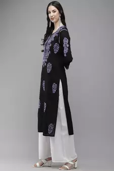 Hand Embroidered Black Cotton Lucknow Chikankari Women Kurta