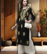 Hand Embroidered Black Cotton Lucknow Chikankari Women Kurta