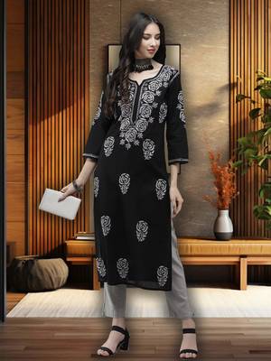 Hand Embroidered Black Cotton Lucknow Chikankari Women Kurta 1