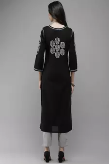 Hand Embroidered Black Cotton Lucknow Chikankari Women Kurta