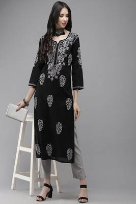 Hand Embroidered Black Cotton Lucknow Chikankari Women Kurta 3