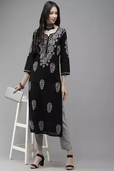 Hand Embroidered Black Cotton Lucknow Chikankari Women Kurta