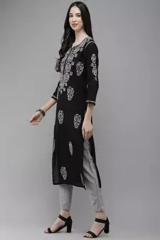 Hand Embroidered Black Cotton Lucknow Chikankari Women Kurta
