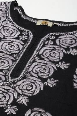 Hand Embroidered Black Cotton Lucknow Chikankari Women Kurta 5