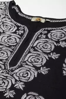 Hand Embroidered Black Cotton Lucknow Chikankari Women Kurta