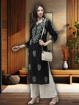 Hand Embroidered Black Cotton Lucknow Chikankari Women Kurta 1