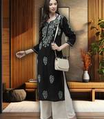 Hand Embroidered Black Cotton Lucknow Chikankari Women Kurta