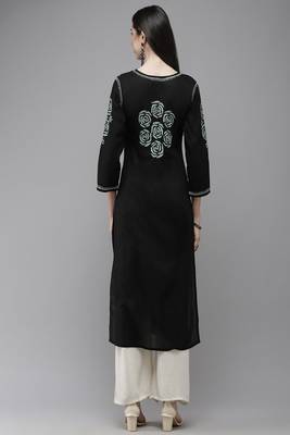 Hand Embroidered Black Cotton Lucknow Chikankari Women Kurta 2