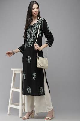 Hand Embroidered Black Cotton Lucknow Chikankari Women Kurta 3