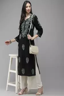 Hand Embroidered Black Cotton Lucknow Chikankari Women Kurta