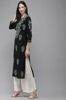Hand Embroidered Black Cotton Lucknow Chikankari Women Kurta 4