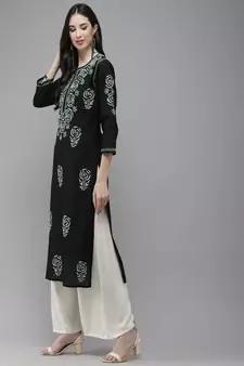 Hand Embroidered Black Cotton Lucknow Chikankari Women Kurta