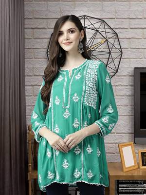 Hand Embroidered Bottle Green Georgette Lucknowi Chikankari Women Short Kurti With Slip  1