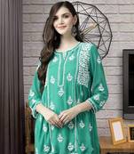 Hand Embroidered Bottle Green Georgette Lucknowi Chikankari Women Short Kurti With Slip 