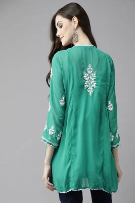 Hand Embroidered Bottle Green Georgette Lucknowi Chikankari Women Short Kurti With Slip  2