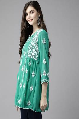 Hand Embroidered Bottle Green Georgette Lucknowi Chikankari Women Short Kurti With Slip  3