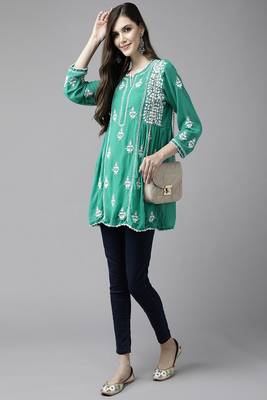 Hand Embroidered Bottle Green Georgette Lucknowi Chikankari Women Short Kurti With Slip  4