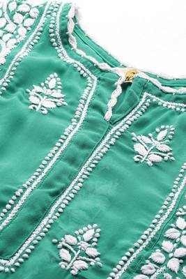 Hand Embroidered Bottle Green Georgette Lucknowi Chikankari Women Short Kurti With Slip  5