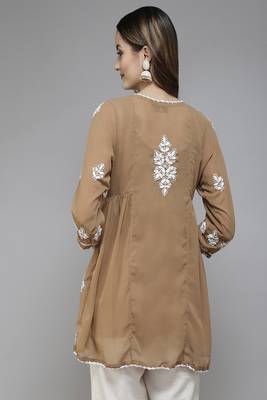 Hand Embroidered Beige Georgette Lucknowi Chikankari Women Short Kurti With Slip  2
