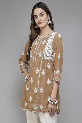 Hand Embroidered Beige Georgette Lucknowi Chikankari Women Short Kurti With Slip  3