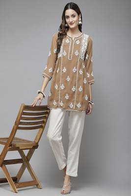 Hand Embroidered Beige Georgette Lucknowi Chikankari Women Short Kurti With Slip  4