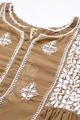 Hand Embroidered Beige Georgette Lucknowi Chikankari Women Short Kurti With Slip  5
