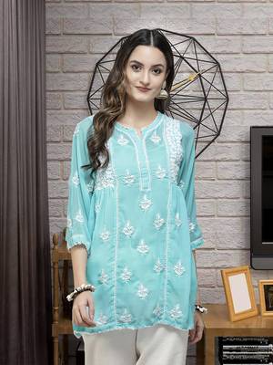 Hand Embroidered Blue Georgette Lucknowi Chikankari Women Short Kurti With Slip 1
