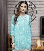 Hand Embroidered Blue Georgette Lucknowi Chikankari Women Short Kurti With Slip